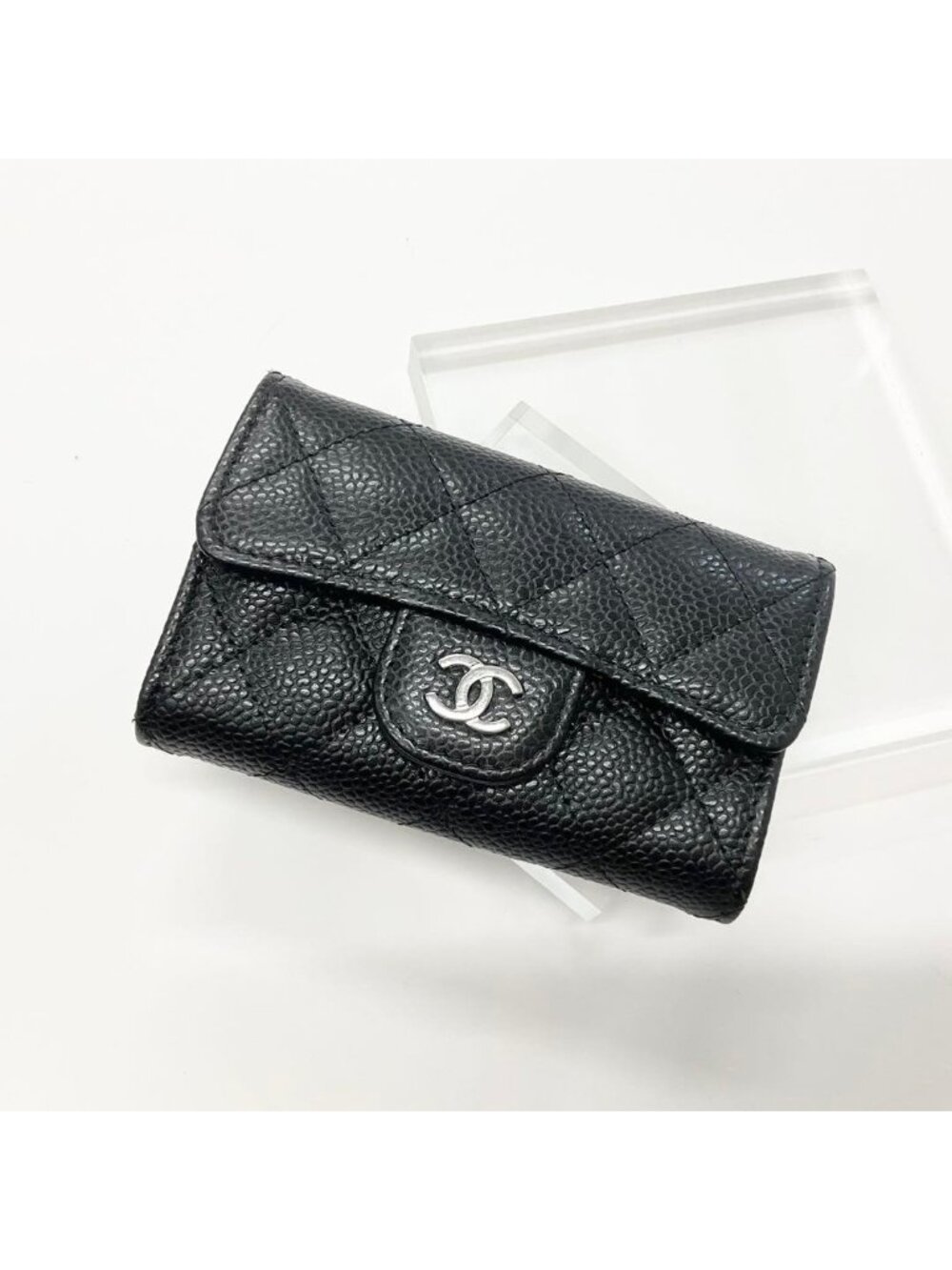 Chanel Quilted Card Case Caviar Leather CC Logo Coin Purse